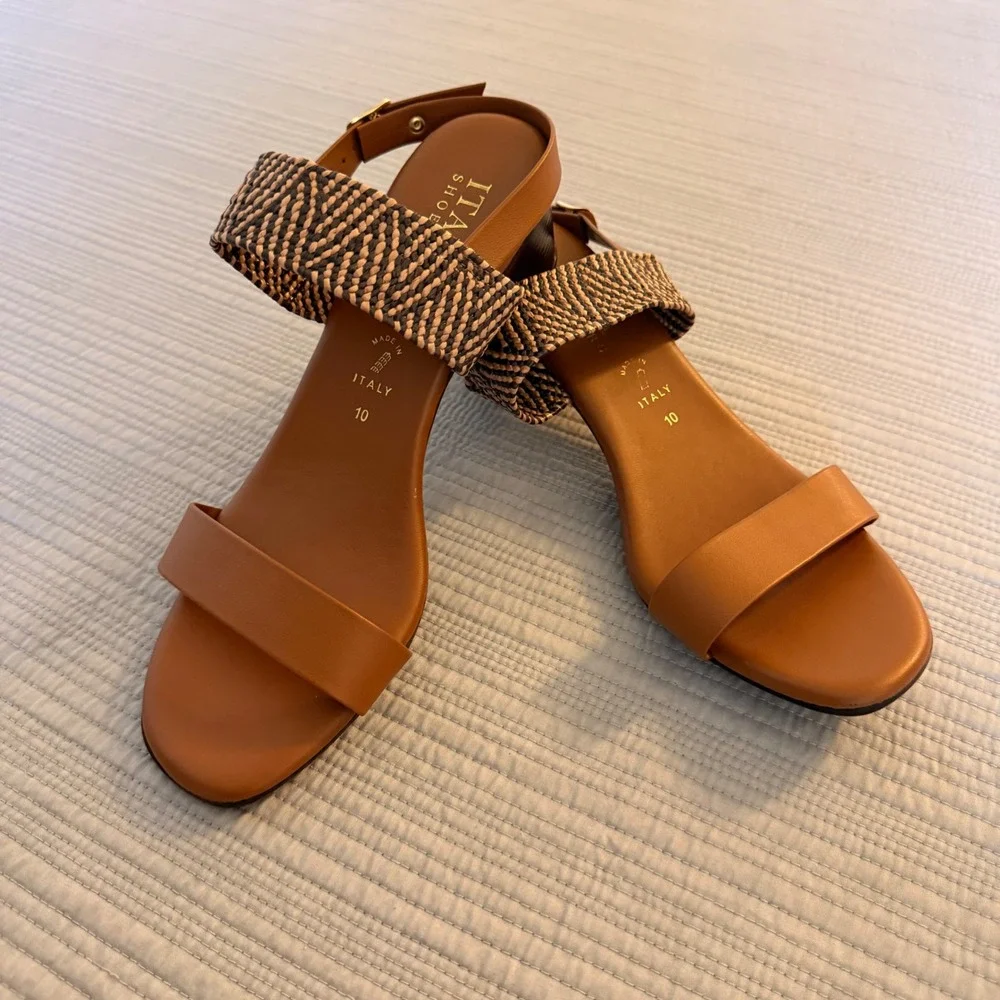 NEW Italia Shoemakers Women's Tan Slingback‎ Block Heel Sandals Made in Italy 10